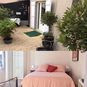 two pictures of a bedroom with potted plants at Maisonnette studio Arcachon 300m plage in Arcachon