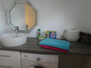 ein Badezimmer mit einem Waschbecken und einer Waschmaschine in der Unterkunft Maisonnette studio Arcachon 300m plage in Arcachon