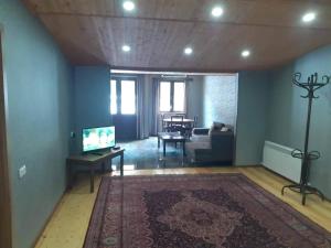 Il comprend un salon doté d'un canapé et d'une table avec une télévision. dans l'établissement Aleqs, à Tbilissi