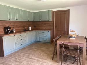 a kitchen with green cabinets and a table with chairs at Casa Cheilor in Petreştii de Jos