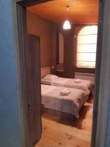 une chambre avec deux lits et une fenêtre dans l'établissement Aleqs, à Tbilissi