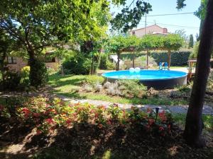 a swimming pool in a yard with flowers at Holiday Home Il Moro Novo in Cortona