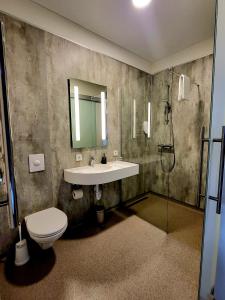 La salle de bains est pourvue d'un lavabo, de toilettes et d'une douche. dans l'établissement Hótel Flókalundur, à Brjánslækur