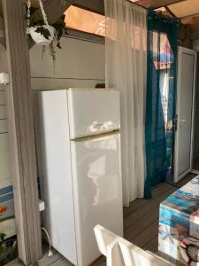 a white refrigerator in a room with a window at Синеморец Каравана Paradise in Sinemorets