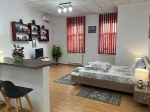 a bedroom with a bed and a desk and two windows at Panorama Studio Sighisoara in Sighişoara