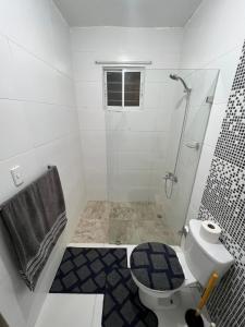 a white bathroom with a shower and a toilet at Luxury Apartment "Santo Domingo Este" in San Isidro