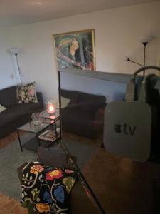 博斯塔德的住宿－3-rumslägenhet i villa med havsutsikt i Båstad Hindbärsvägen 22，客厅配有沙发和桌子