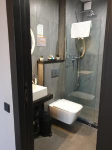 La salle de bains est pourvue d'une douche, de toilettes et d'un lavabo. dans l'établissement Hotel Tuta, à Tbilissi