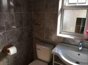 a bathroom with a toilet and a sink and a window at Nikolay’s House in Bristol