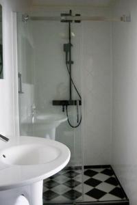 a bathroom with a sink and a glass shower at B&B in de Steenstraat in Zwolle