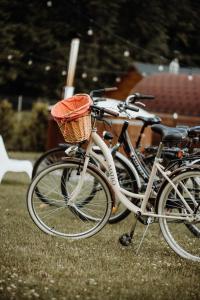 zwei Fahrräder, die nebeneinander auf dem Rasen geparkt sind in der Unterkunft STACJA RUDA in Złota Wieś