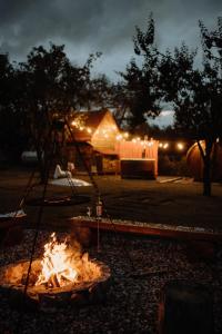 eine Feuerstelle vor einem Zelt in der Nacht in der Unterkunft STACJA RUDA in Złota Wieś