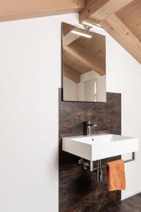 a bathroom with a white sink and a mirror at Haus Sauvignon in Cortaccia