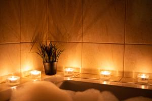 a bathroom sink with candles and a potted plant at Henriett’s cosy place in Satu Mare