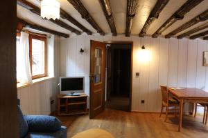 ein Wohnzimmer mit einem Tisch und einem TV sowie ein Zimmer mit einer Decke in der Unterkunft Bio-Ferienwohnung Ellensohn in Lindau