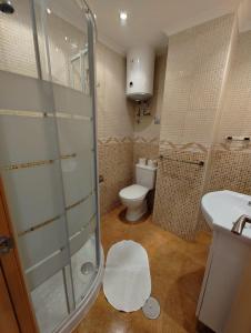 ein Bad mit einer Dusche, einem WC und einem Waschbecken in der Unterkunft Apartamento Rocachica 103 Bajondillo in Torremolinos