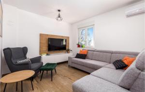 ein Wohnzimmer mit einem Sofa, Stühlen und einem TV in der Unterkunft Nice Home In Marcelji With Jacuzzi, 2 Bedrooms And Wifi in Marčelji