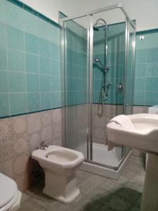 a bathroom with a shower and a toilet and a sink at sacrobosco apartment Quercia in Bomarzo