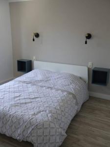 1 dormitorio con 1 cama con edredón blanco en Spacieux appartement au pied de la cité médiévale, en Carcassonne