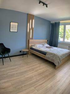 1 dormitorio con paredes azules, 1 cama y 1 silla en Loftowe UkieLove, en Olsztyn