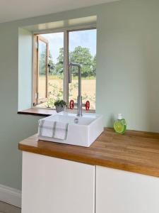 a kitchen counter with a sink and a window at The Hut in Ross on Wye