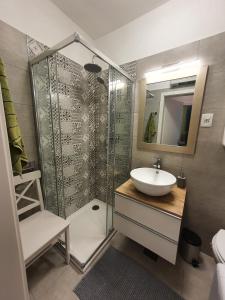 een badkamer met een wastafel en een douche met een spiegel bij Studio Apartman Fredi in Opatija