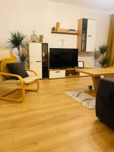 奧多爾黑塞庫耶斯克的住宿－Bethlen Apartman，客厅配有电视,铺有木地板