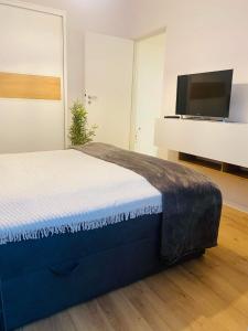 a bedroom with a bed and a flat screen tv at Bethlen Apartman in Odorheiu Secuiesc