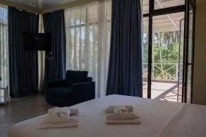 a bedroom with a bed and a chair and a window at Buxus Hotel Shekvetili in Shekhvetili