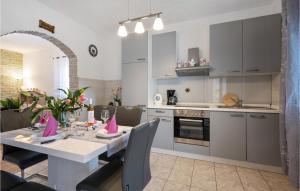 a kitchen and dining room with a table with pink napkins at Three-Bedroom Holiday Home In Vinovo Donje in Donje Vinovo