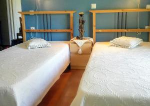 two twin beds in a room with blue walls at Villa Freedom - Koutsoubri Beach Evia in Agriovótanon