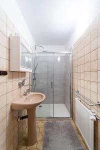 ein Bad mit einem Waschbecken und einer Glasdusche in der Unterkunft Reneček - rekreační řadový dům s vyhlídkou na Libín in Prachatice