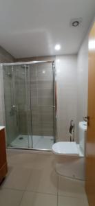 ein Bad mit einer Glasdusche und einem WC in der Unterkunft Apartamento Gamboa-Frente à Praia in Peniche