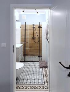 een badkamer met een douche en een toilet bij Kana Apartment Kraków Pomorska - close, fast WiFi, Smart TV in Krakau