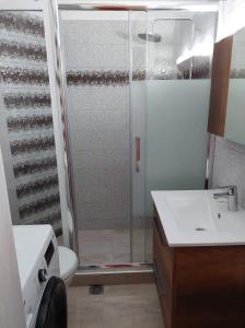 a bathroom with a shower and a toilet and a sink at Loutraki vibes apartments in Loutraki