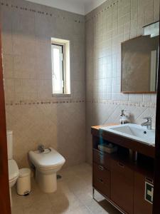 Un baño con inodoro, lavabo y espejo. en Azenhas Apartment, en Sintra 27 fotos más