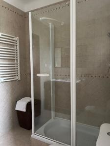 eine Dusche mit Glastür im Bad in der Unterkunft Azenhas Apartment in Sintra
