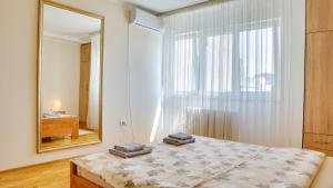 a bedroom with a bed and a large mirror at MILICA 65m2, Free parking & Wi-fi in Novi Sad