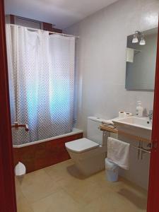 a bathroom with a toilet and a sink and a shower at Chalet amplio con Jardín y zona barbacoa. in Reus