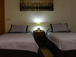 尼格蘭的住宿－CASA BENINAUS，一间卧室设有两张床和一张桌子上的台灯。