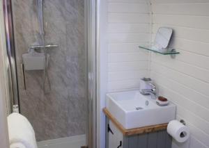 ein Bad mit einem Waschbecken und einer Dusche in der Unterkunft Culkein Pods in Lochinver