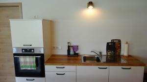 cocina con encimera con fregadero y nevera en BaumKrone im Happy Allgäu - 2-stöckige Wohnung mit Wohnnetz en Leutkirch im Allgäu