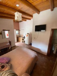 1 dormitorio con 1 cama y TV en la pared en Los Horneros, Cabañas en San Marcos Sierras