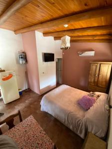 1 dormitorio con 1 cama y TV en una habitación en Los Horneros, Cabañas en San Marcos Sierras