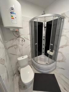 a bathroom with a toilet and a large mirror at New York Apartments in Katowice