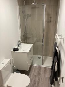 a bathroom with a shower and a sink and a toilet at Principale@Brandon in Brandon