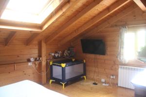 una camera con TV a schermo piatto in una parete in legno di Bed and Breakfast La Casa del Sole a Momperone