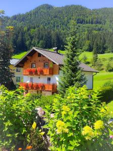 ein Haus inmitten eines Feldes mit Blumen in der Unterkunft Apartment Bergfeeling in Russbach am Pass Gschütt