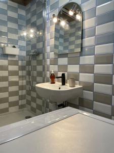 La salle de bains est pourvue d'un lavabo, d'une douche et d'un miroir. dans l'établissement Magnifique maison à saint martin de ré, à Saint-Martin-de-Ré