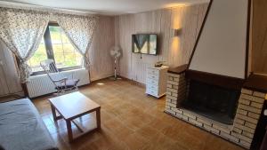 ein Wohnzimmer mit Kamin und Luftblick in der Unterkunft Sopot Paradise in Sopot
